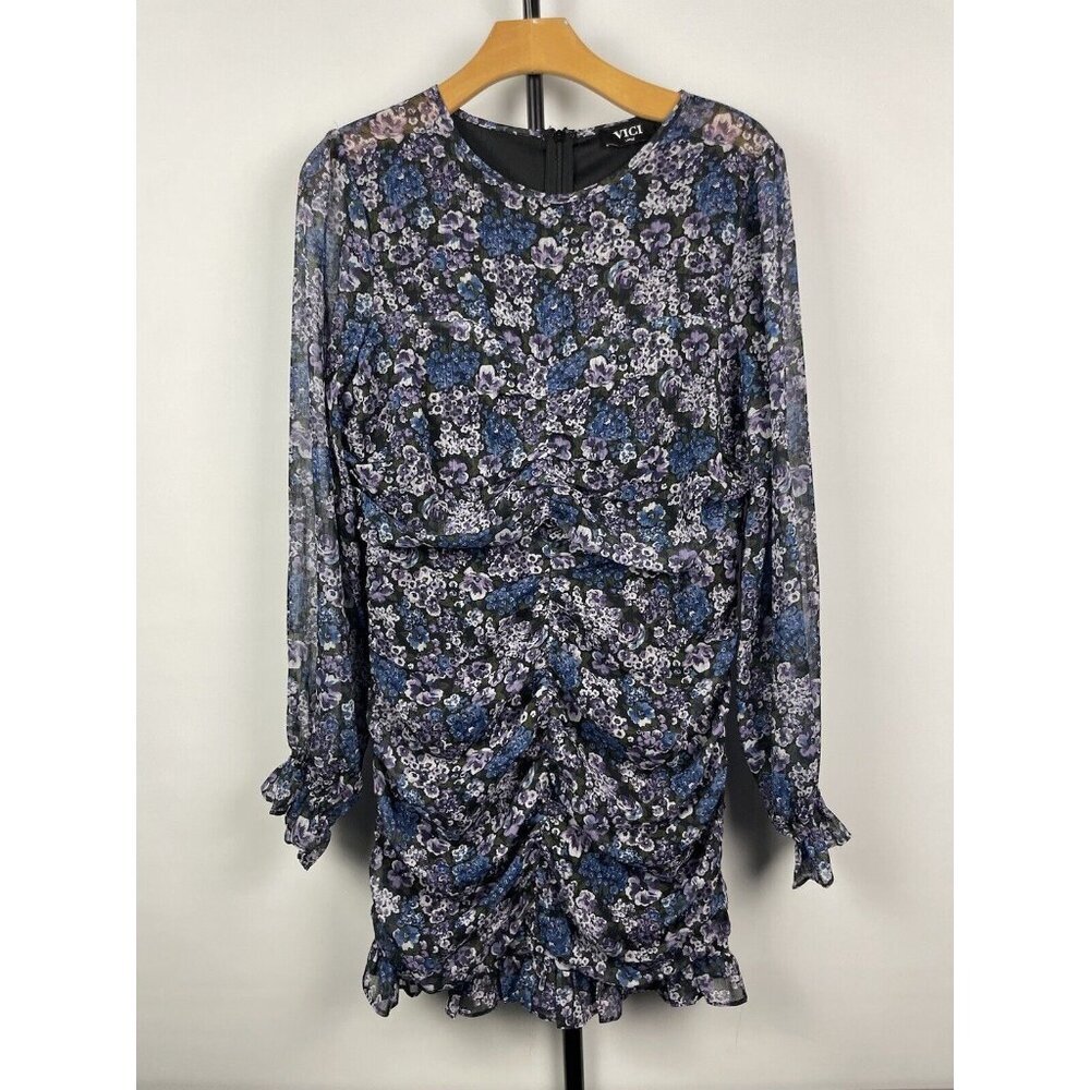 Vici Blue Purple Black Floral Ruched Long Sleeve Chiffon Mini Dress Size L‎